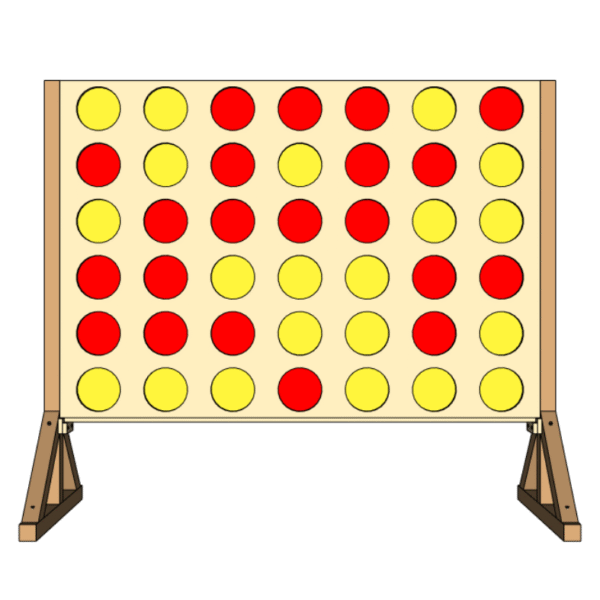 Jeu Puissance 4 XXL en bois vu de face, avec structure artisanale et pions rouges et jaunes alignés sur une grille verticale.