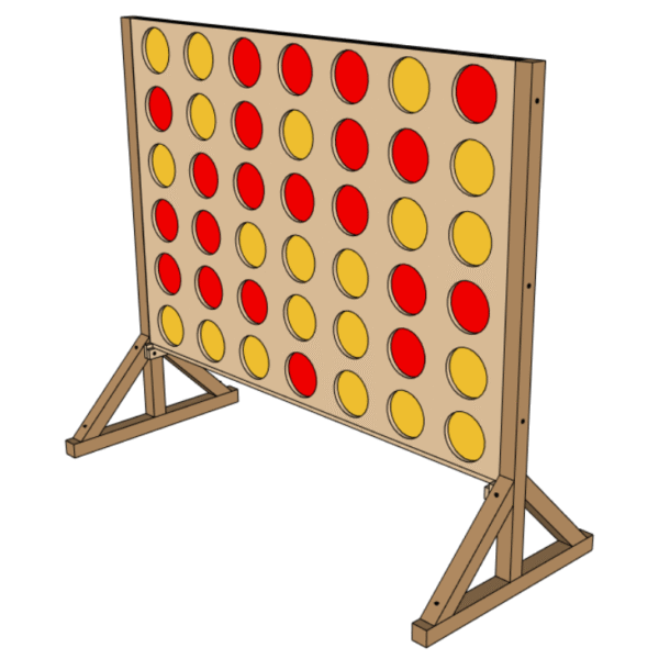 Jeu Puissance 4 XXL en bois fabriqué maison avec structure démontable et pions rouges et jaunes – rendu 3D du modèle à construire.