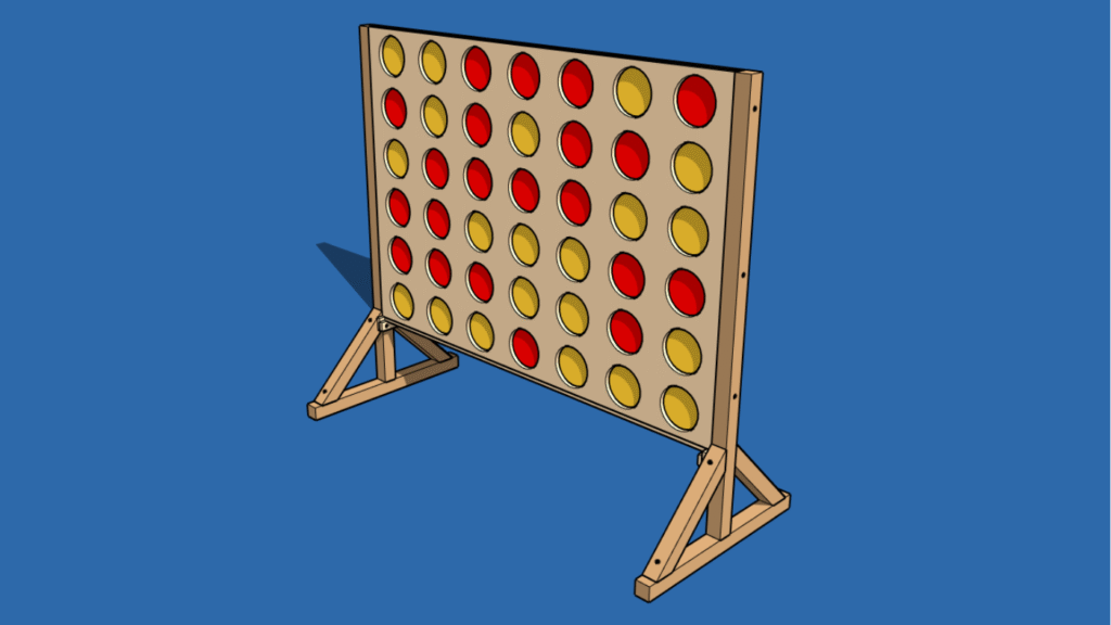 Modèle 3D du Jeu Puissance 4 XXL en bois, vu en perspective avec ombre au sol sur fond bleu, montrant la structure complète et les pions colorés.